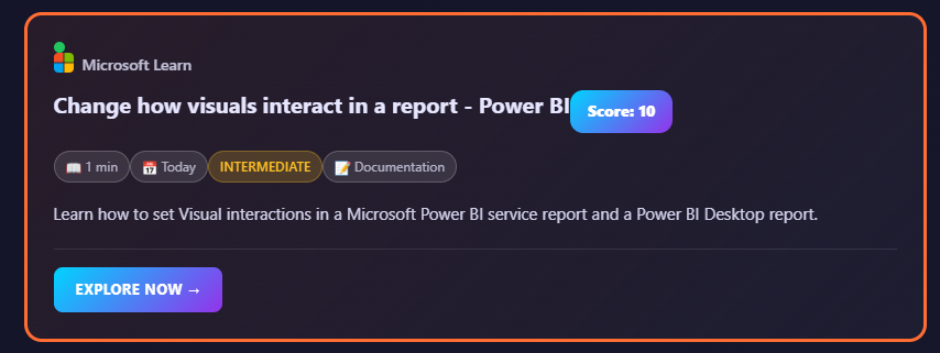 Power BI learning module example showing 'Change how visuals interact in a report' with Score 10 rating